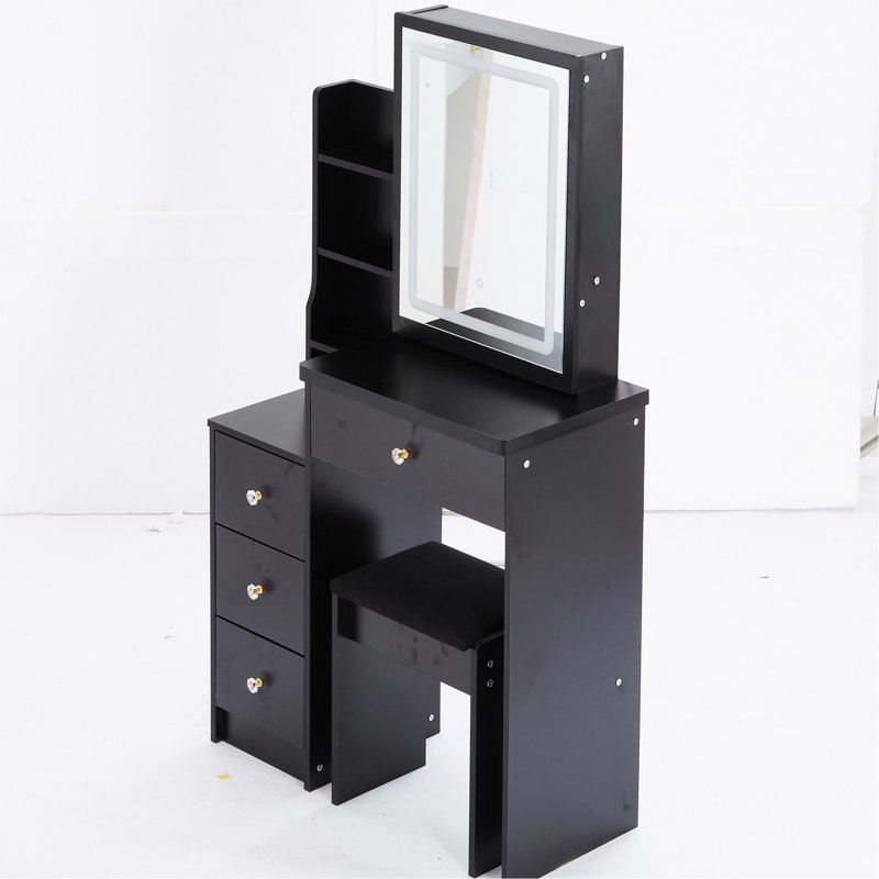 Table de coiffeuse noire avec miroir à DEL tactile coulissant, options d'intensité et de couleur réglables, tabouret rembourré, pour siège compact, siège gauche lumineux, noir, petits espaces