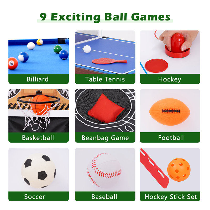 Table multi-jeux de 48 po, table de jeu combinée 9 en 1 avec billard, ping-pong, hockey, basket-ball, fauteuil poire et babyfoot