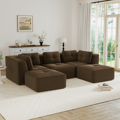 Canapé modulaire moderne pour le salon, tissu en velours côtelé, canapé 3 places avec assise profonde et repose-pieds mobile 2, passepoil perlé, conception capitonnée, sans assemblage, conception antidérapante