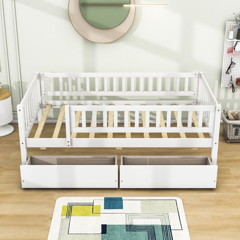 Wood Daybed with Two Drawers and Slats, White, Twin