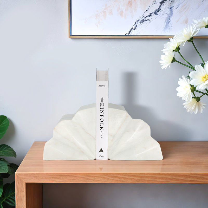 Bookends Marble Stone Fan-Shaped Design for Home Office Bedroom or Living Room Decor - 5" White