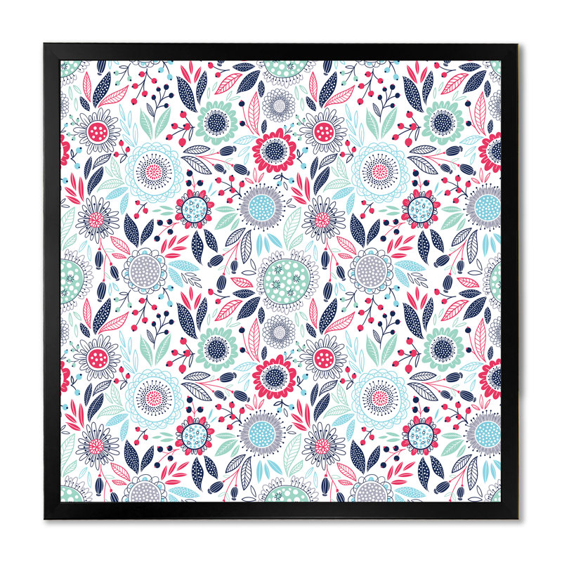 «Retro Pink and Blue Flowers», reproduction d'art sur toile à motifs, Cadre photo noir, H 16 po x l 16 po
