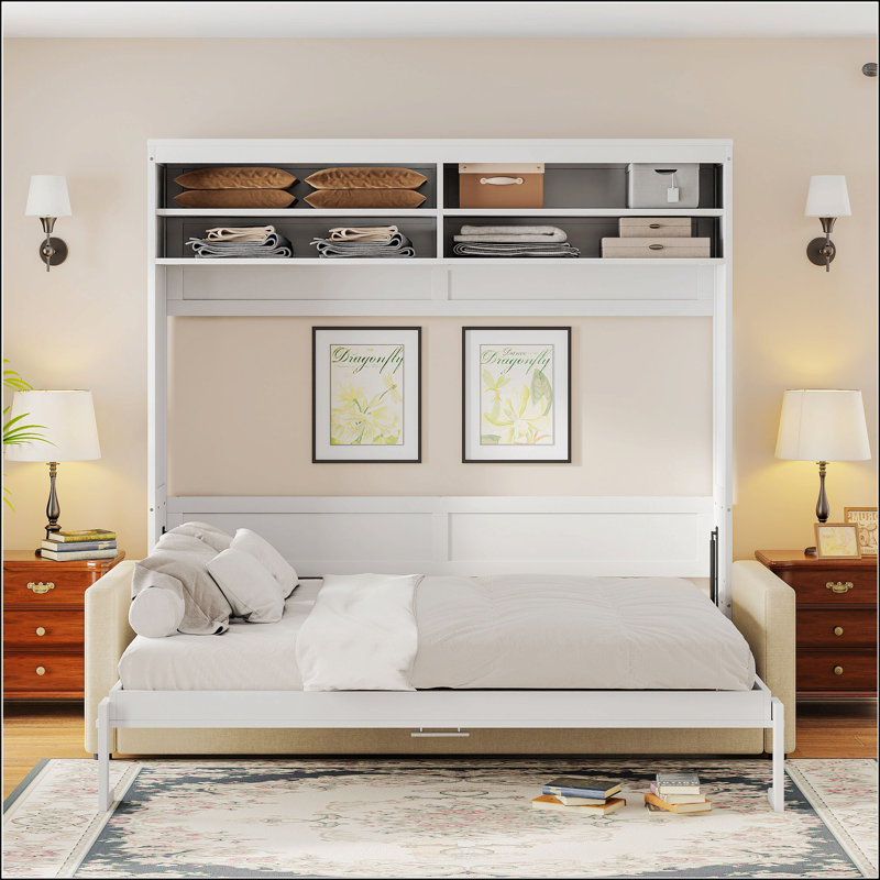 Queen Size Murphy Bed Wall Bed With Sofa, White