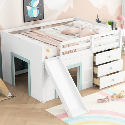 White Full Size Low Loft Bed With Slide, Three Storage Drawers And Two Doors - Noise Sleep, Stable Structure, Simple To Put Up Doors, Solid Wood Bed,