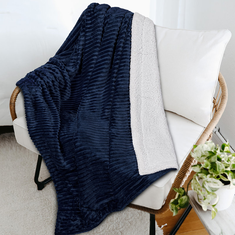 Navy Blue Reversible Sherpa Fleece Throw Blanket