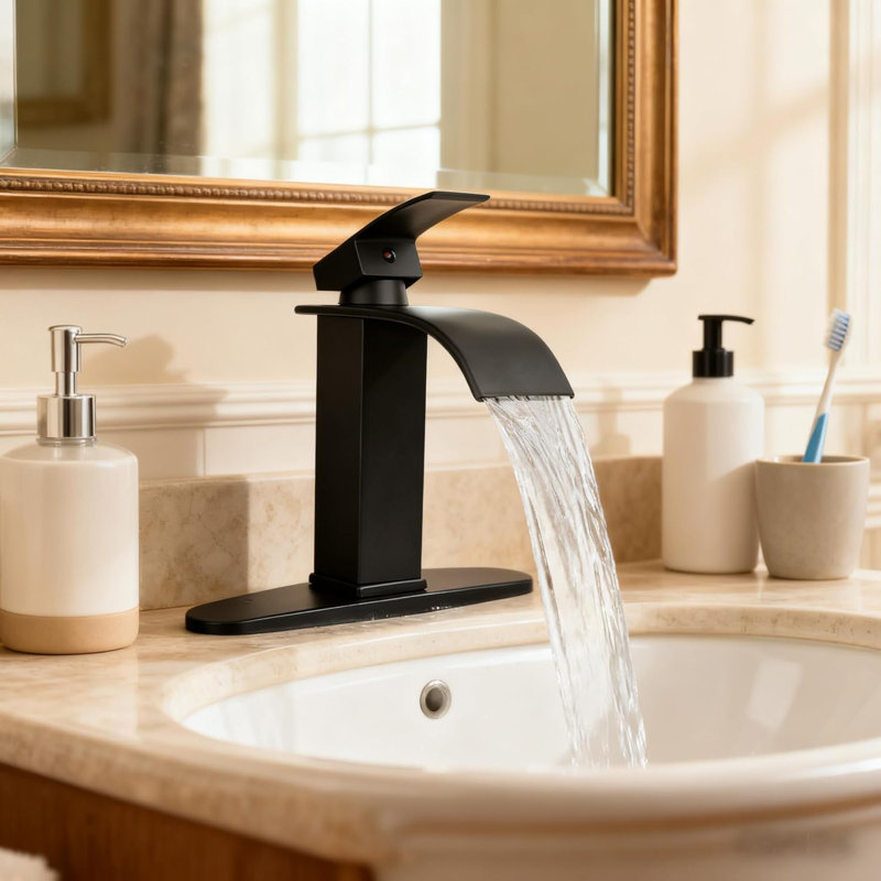 Robinet de salle de bain noir à cascade, robinet de meuble-lavabo à poignée simple, robinet de lavabo à vasque pour salle de bain avec robinet et plaque de pont, laiton massif / noir mat