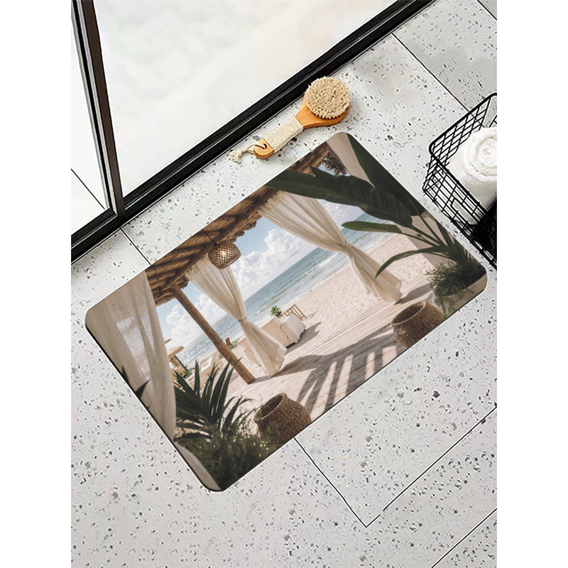 Tapis de bain Beach Cabana View, 16 x 24 po, Vue de cabane de plage beige / vert