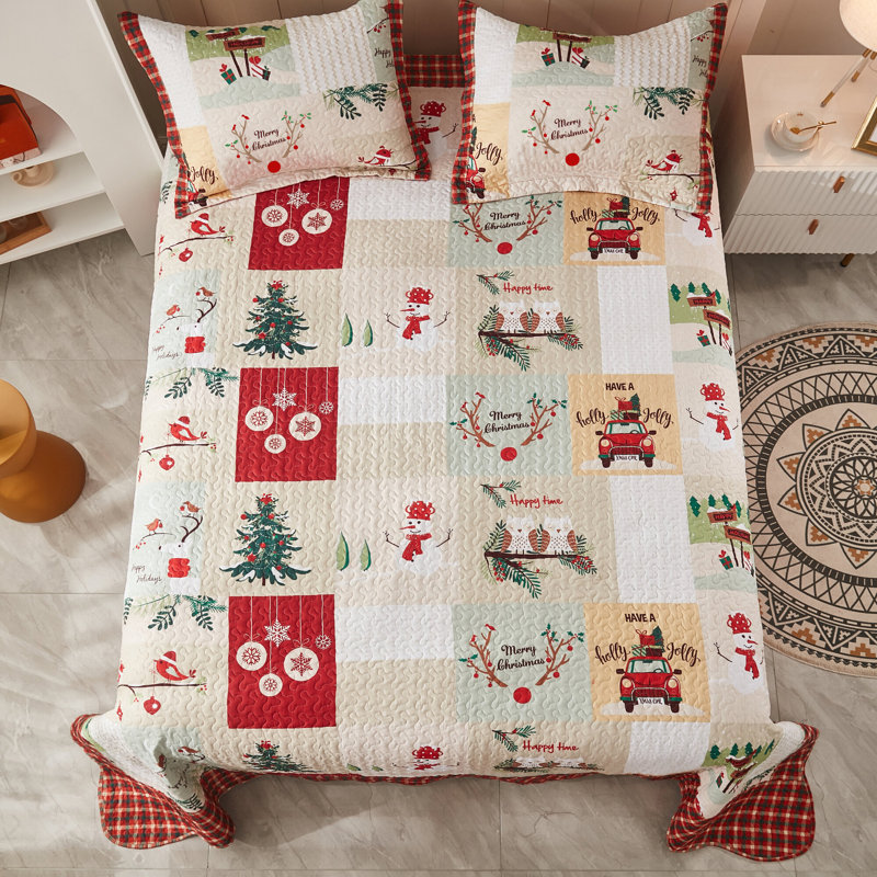 Festive Red and White Reversible Queen Quilt Set