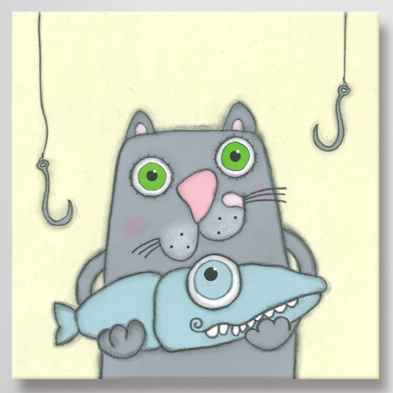 «Cat with Fish», reproduction sur toile tendue, H 18 po x l 18 po x P 1,5 po