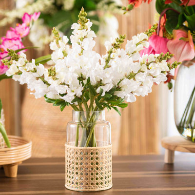 Real Touch White Snapdragons in Wicker Accent Vase Everyday Spring Water Illusion Arrangement
