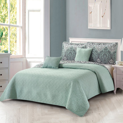 5 Piece Kingston Damask Printed Microfiber Quilts Set