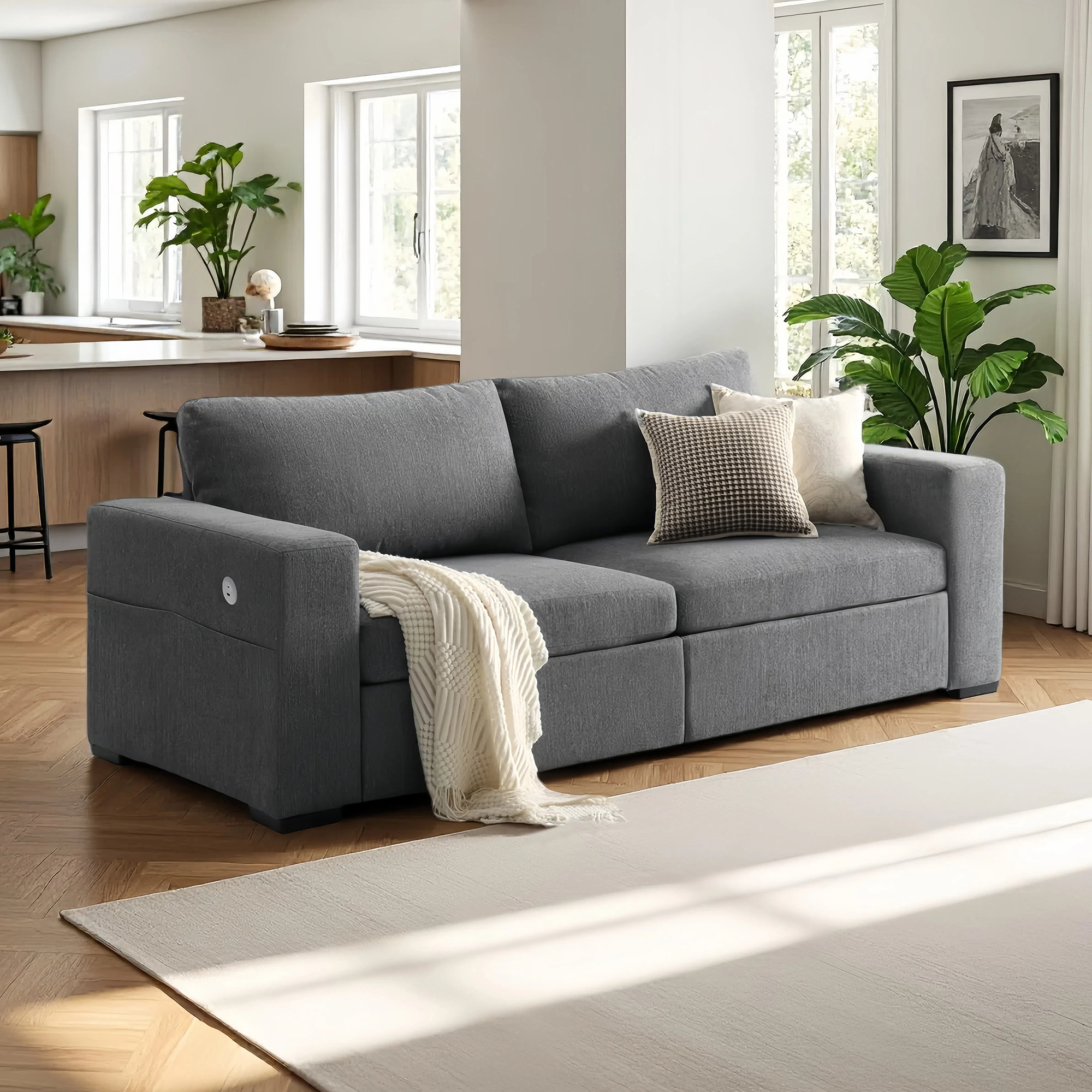 Ebern Designs 84.5'' Linen Fabric Square Arm Sofa - Wayfair Canada
