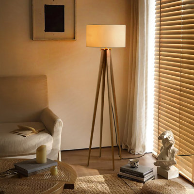 Lampe sur pied Quattro - Finition noyer foncé et laiton patiné, abat-jour en lin blanc, gradateur