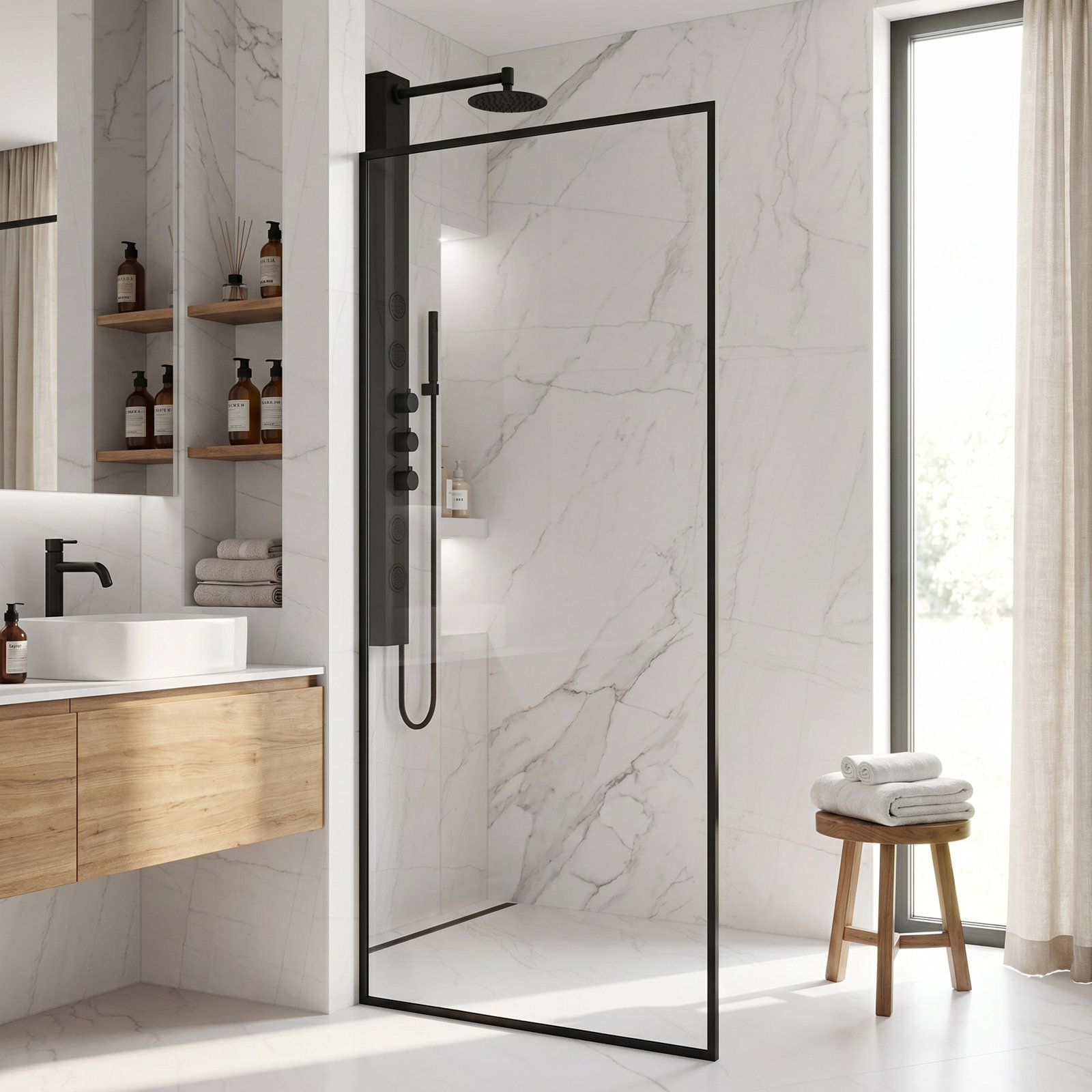 Meridian Framed Fixed Shower Screen, Matte Black Clear
