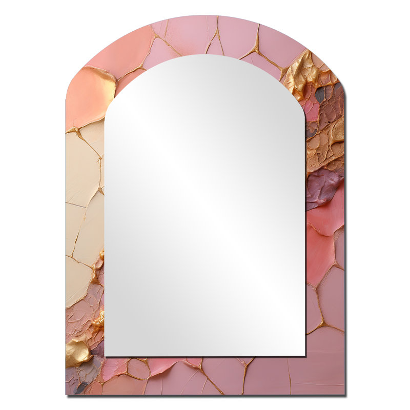 Pink Gold Minimalism Poteries - Abstract Spirals Asymmetrical Large Mirror, Modern Arch Decorative Wall Mirror, Printed Metal Art