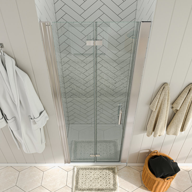 Portes de douche pliantes sans cadre, de 89 à 92 cm de largeur x 183 cm de hauteur, en nickel brossé avec verre trempé transparent de 6 mm.