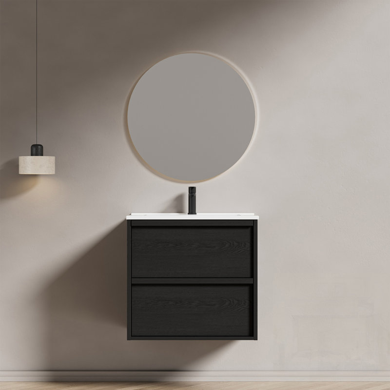 Meuble-lavabo mural flottant cannelé avec lavabo et tiroirs en céramique, solution de rangement de salle de bain moderne