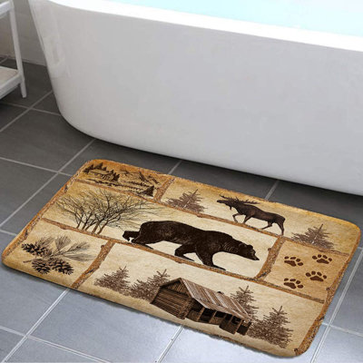 Vintage Forest Lodge Bath Mat - Non-Slip Rustic Cabin Decor, Farmhouse Country Style with Bear & Moose Design, Perfect for Bathroom, Bedroom, Kitchen, Outdoor & Indoor Use