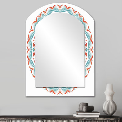 Mandala sacré en rétro bleu et orange I - Miroir décoratif géométrique en arche sur métal