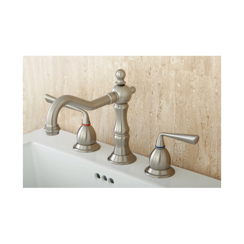 Kingston Brass Silver Sage Two-Handle 3-Hole Deck Mount Widespread Bathroom Faucet with Brass Pop-Up Drain, Brushed Nickel