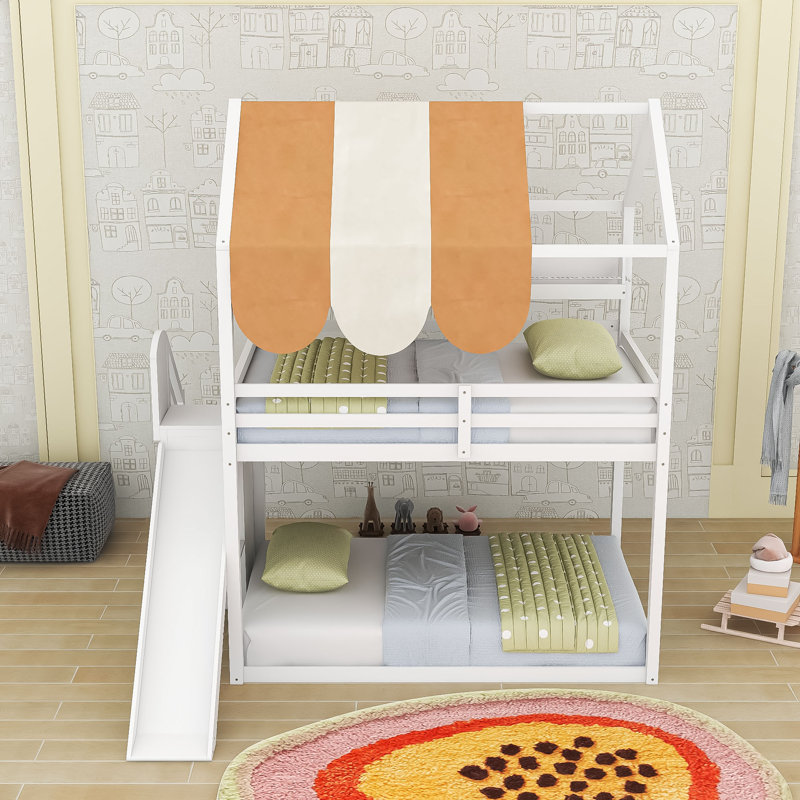 Full Over Full Bunk Bed With Playhouse Canopy, Slide, And Built-In Bookshelves, White