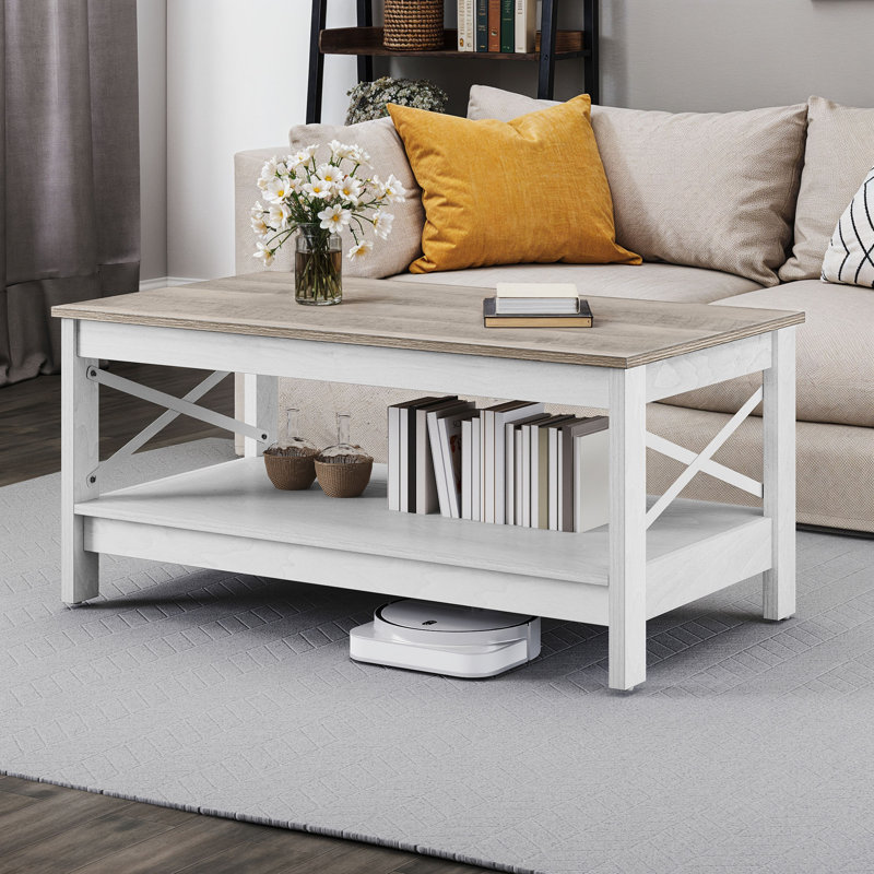 Table basse simple de 39,3 po de largeur avec tablette inférieure et support en X, Bois jaune moyen, Blanc