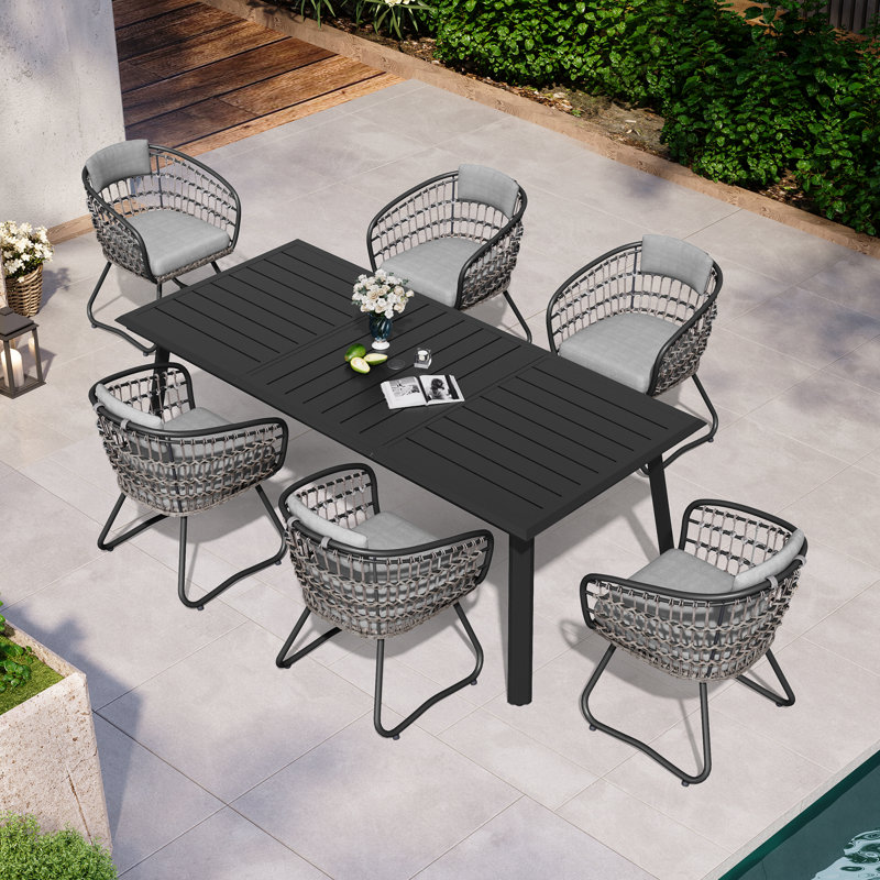 6 - Person Rectangular Aluminum Dining Set with Cushions and Umbrella Hole (Set of 7), Gray