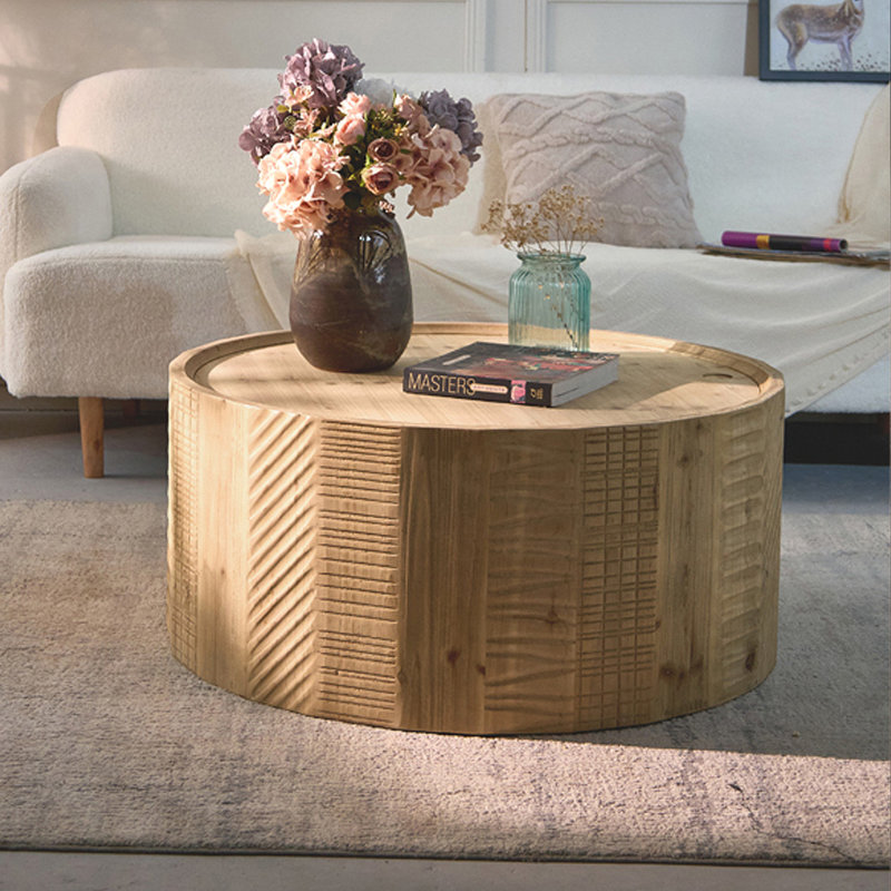 Retro Burlywood Solid Wood Round Coffee Table