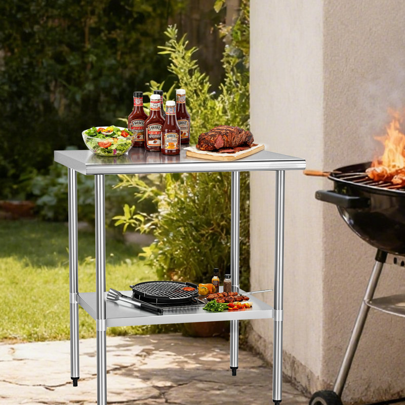Table de travail robuste en acier inoxydable avec tablette inférieure - pieds réglables, hauteur de 34 po