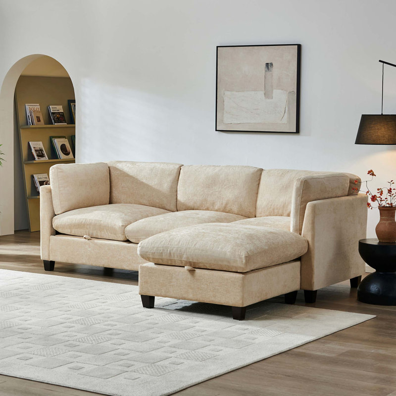 Canapé modulaire en L avec rangement et revêtement en chenille