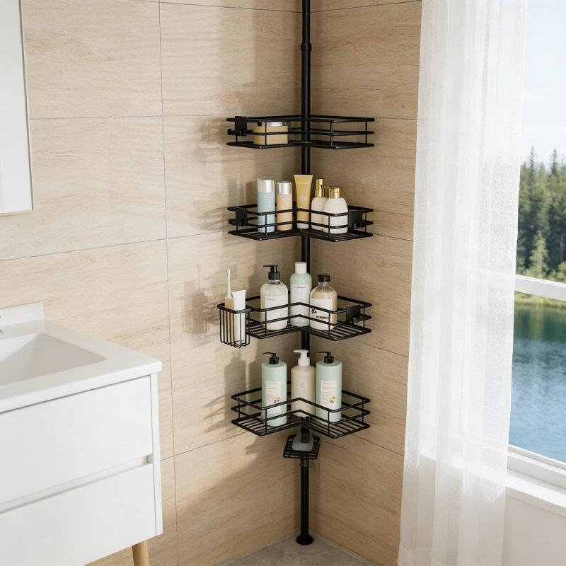 Organisateur de chariot de douche d'angle réglable avec tablettes à 4 niveaux, porte-savon et brosse à dents, poteau de tension en acier inoxydable antirouille pour le rangement dans la salle de bain