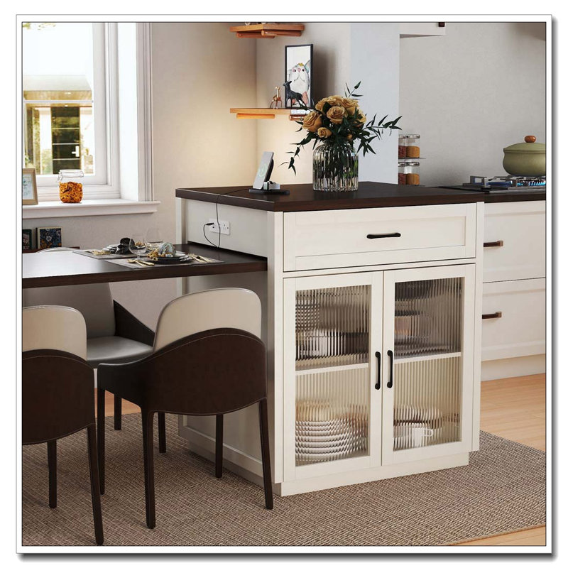Îlot de cuisine 83,1 po avec table coulissante et supports de rangement pour 2 à 6 personnes, îlot de cuisine avec portes en verre trempé