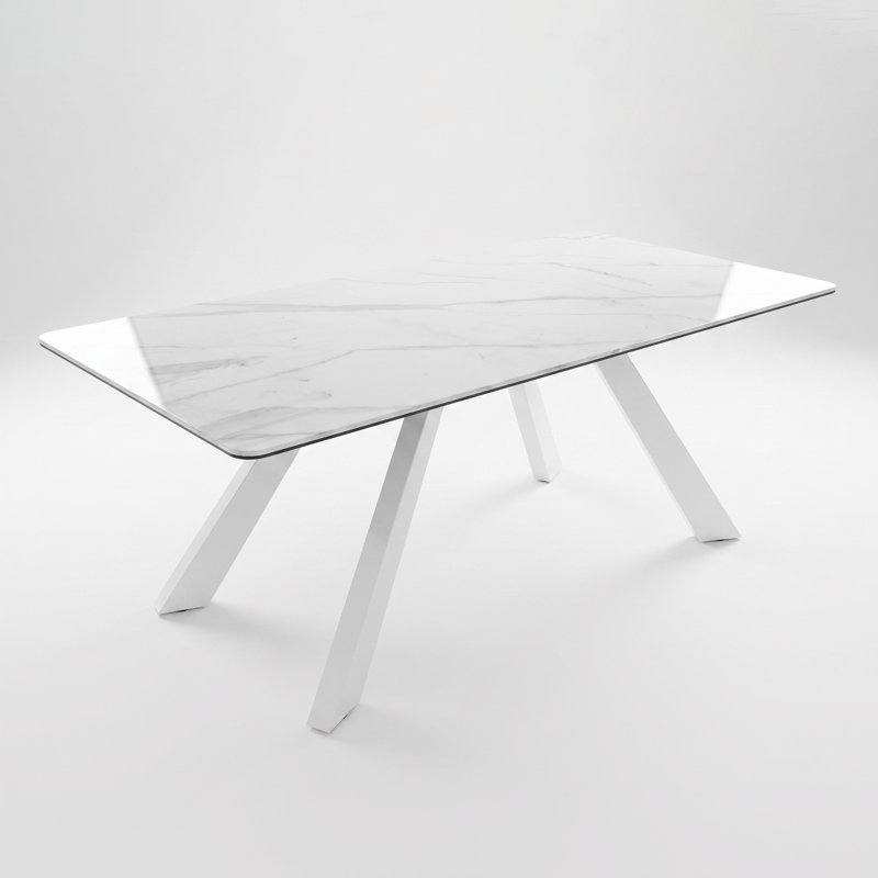 78.74" White Sintered Stone Dining Table, Modern Rectangular Kitchen Table with Angled Legs