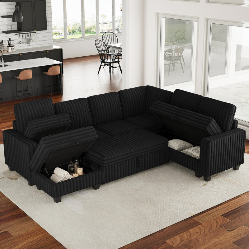 Corner Modular Sofa Set With Storage Soft Upholstery For Living Room, Black Faux Fur