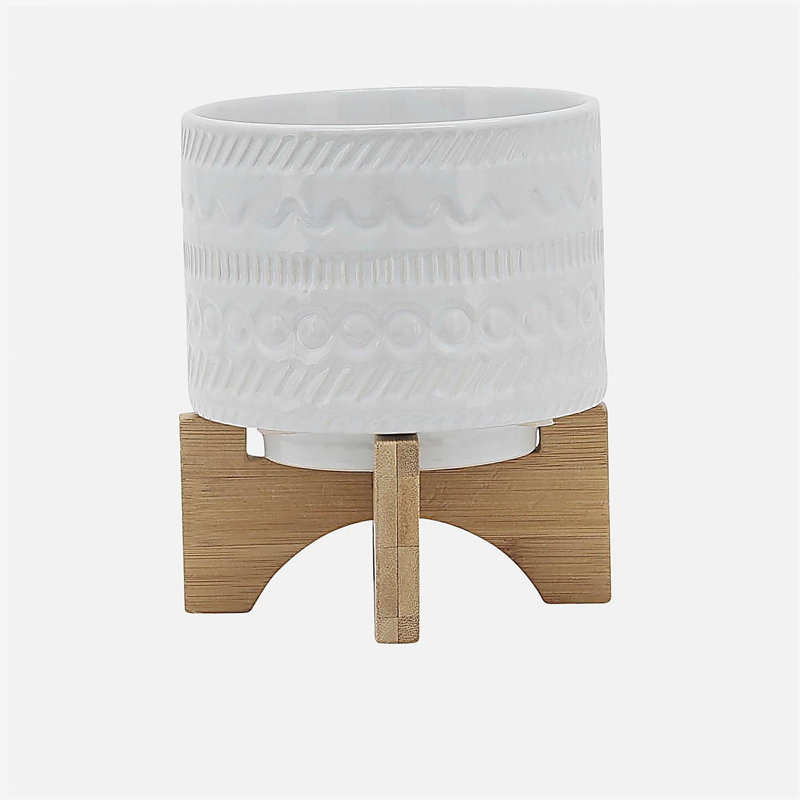 5" TRIBAL PLANTER W/ WOOD STAND, WHITE