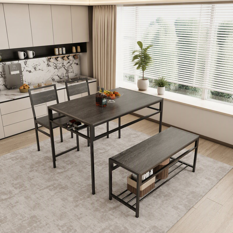 Industrial Dining Table Set with Storage Bench and Wine Rack