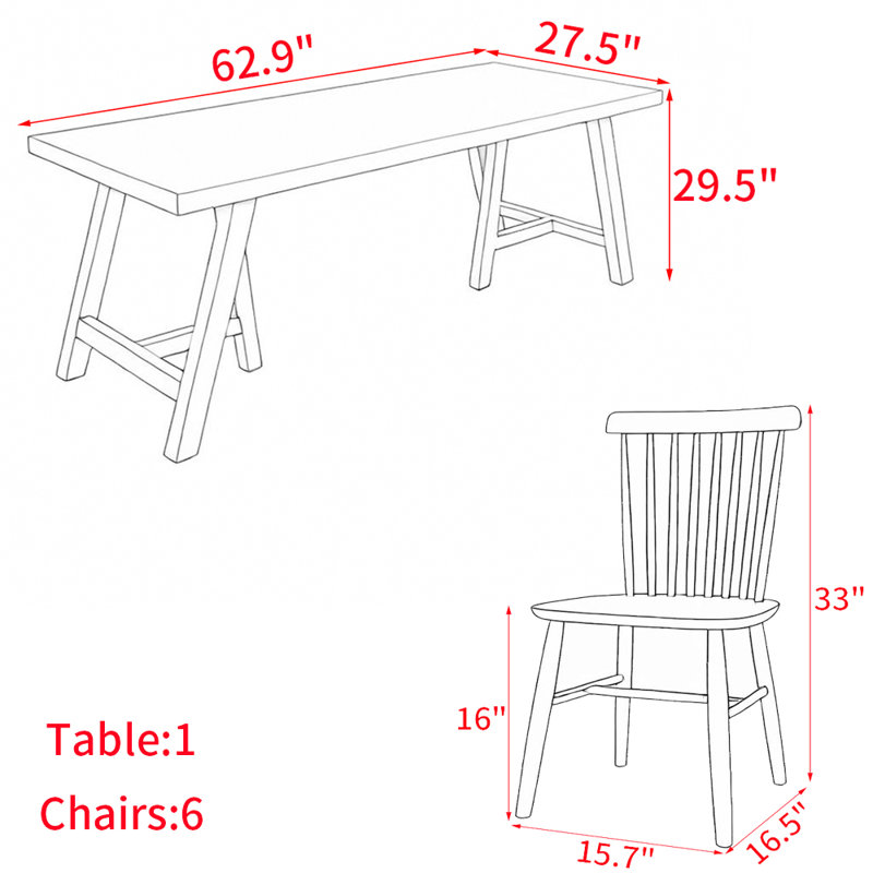 Ensemble de table de salle à manger en bois massif de style nordique, H 29,5 po x L 62,9 po x l 27,5 po