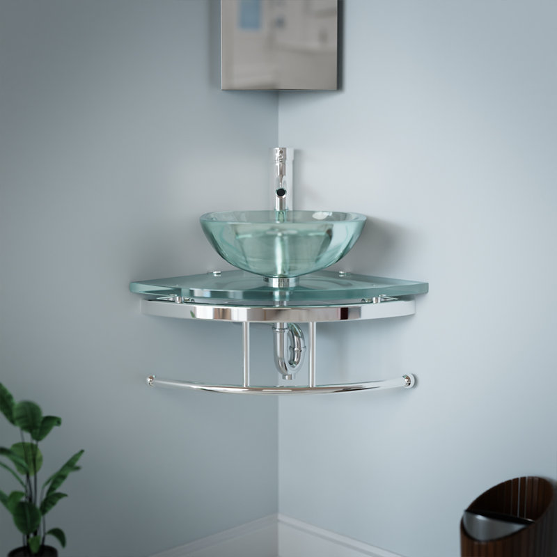 Talula Clear Tempered Glass Corner Bathroom Sink with Chrome Faucet
