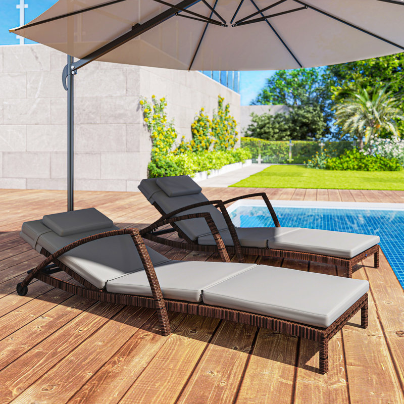 Set Of 2 Wicker Chaise Lounge Chair Outdoor Patio Lounger With 5 Adjustable Back, Wheels, Cushion, And Armrests, Gray, Gray