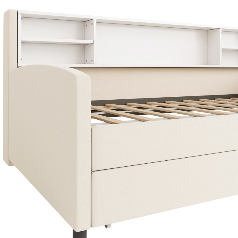 Lit simple beige avec plateforme rembourrée et armoire intégrée - Velours, rangement élégant en velours, tiroirs confortables et spacieux pour les vêtements de literie,
