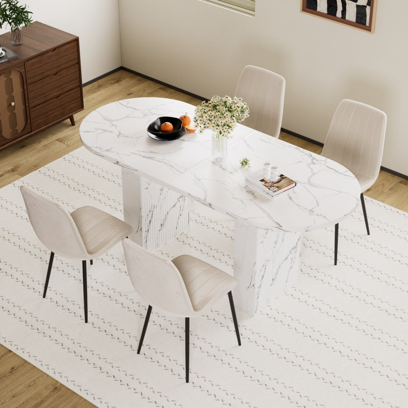 Oval Dining Table Set With 4-6 Matching Chairs For Dining Room, Beige, 5 Pieces: Table, 4 Chairs