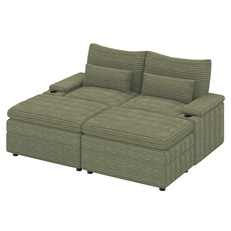 Chaise longue de 70,9 po, causeuse surdimensionnée avec deux repose-pieds mobiles, canapé modulaire en velours côtelé avec charge USB et deux porte-gobelets