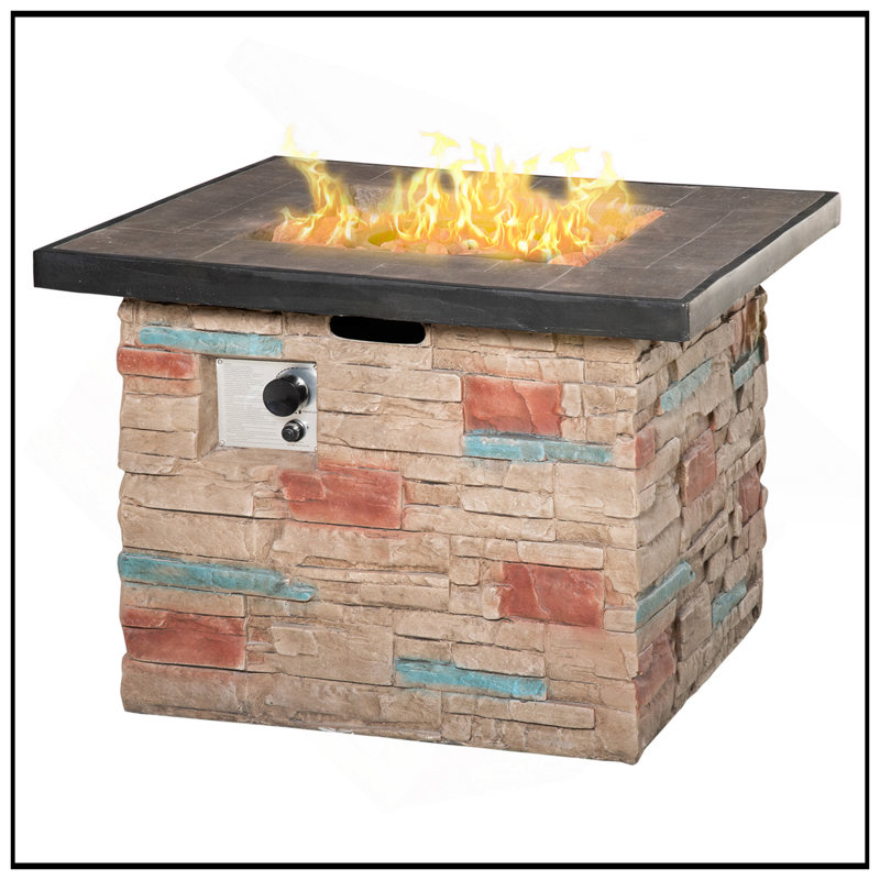 32 Inch Outdoor Propane Gas Fire Pit Table, 50,000 BTU Auto-Ignition Square Faux Ledge Stone Gas Firepit With Lava Rocks And Rain Cover, CSA Certification, Brown