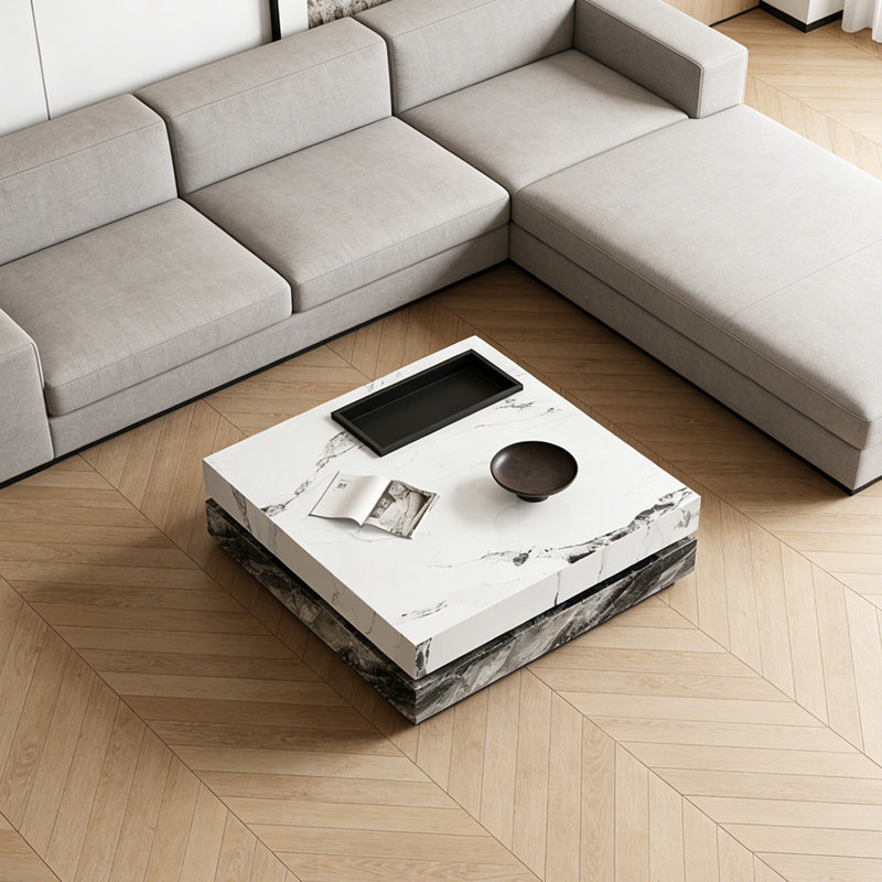 Table basse carrée sur pied avec plateau, Blanc / Gris, H 13,77 po x L 39,37 po x l 39,37 po, Noir
