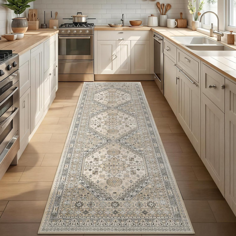 Medallion Non Slip Washable Rug(Beige), Runner 2'6" x 8'