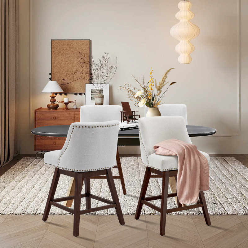 Counter Height Swivel Barstools, 26'' H Seat Height Upholstered Bar Stools, 4, Beige