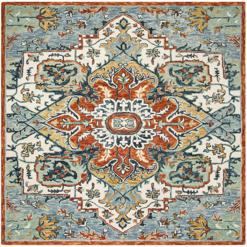 Tapis bleu / rouille en laine / coton touffeté à la main Vahakn, Carré 5 pi
