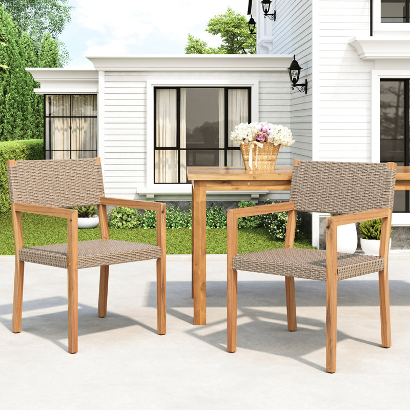 2 chaises de salle à manger d'extérieur, bois, multicolore, sièges protégés