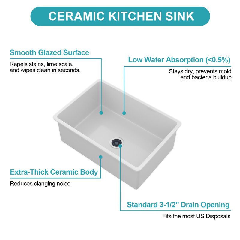 Évier de cuisine encastré en argile réfractaire simple 27 po x 19 po x 10 po en porcelaine blanche