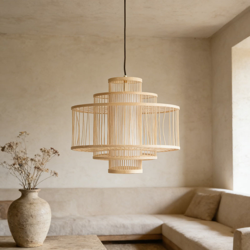 Luminaire suspendu en bambou 19,5 pouces avec abat-jour ouragan givré, plafonnier boho naturel avec cordon doré et auvent pour une utilisation intérieure